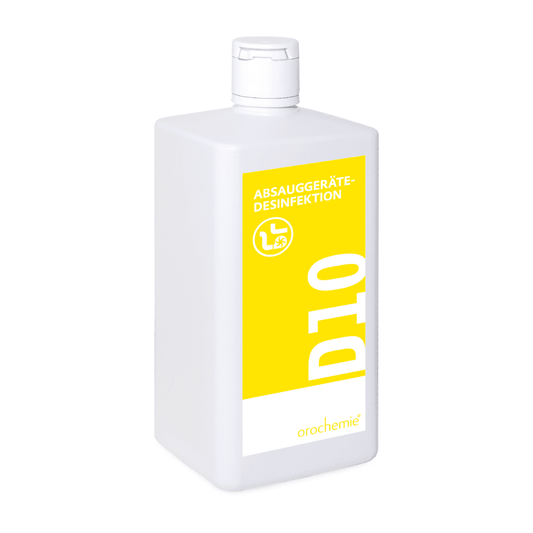 Orochemie D 10 Absauggerätedesinfektion, auch für Inhaliergeräte (1 l Flasche) von orochemie GmbH + Co KG: Aldehydfreies Desinfektionsmittel in weißer Kunststoffflasche mit gelbem "D10"-Etikett für Absaug- und Inhaliergeräte.