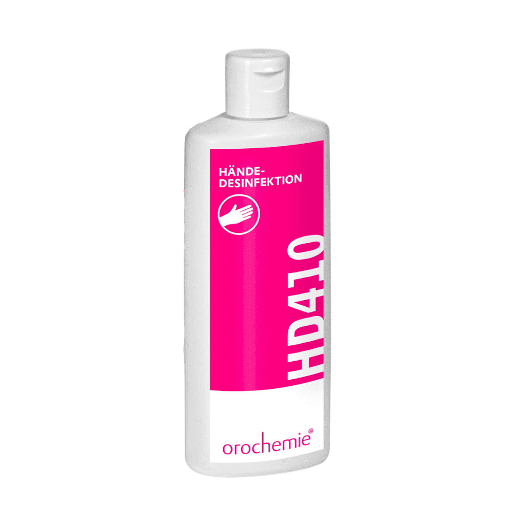 Die weiße Kunststoffflasche mit dem rosafarbenen Etikett "Orochemie HD 410 Händedesinfektion" der orochemie GmbH + Co KG, einem alkoholischen Einreibepräparat zur Händedesinfektion, verfügt über einen praktischen Flip-Top-Verschluss.