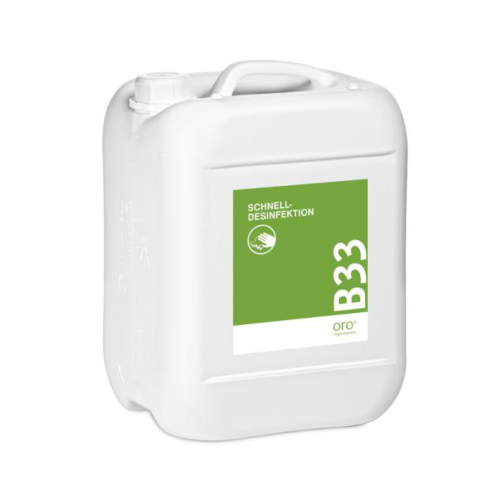 Ein weißer 10 l Kunststoffkanister mit Griff und Schraubverschluss, beschriftet mit "Orochemie B 33 Schnelldesinfektion" der orochemie GmbH + Co KG, ein gebrauchsfertiges Desinfektionsmittel mit hoher Wirksamkeit gegen alle Viren.