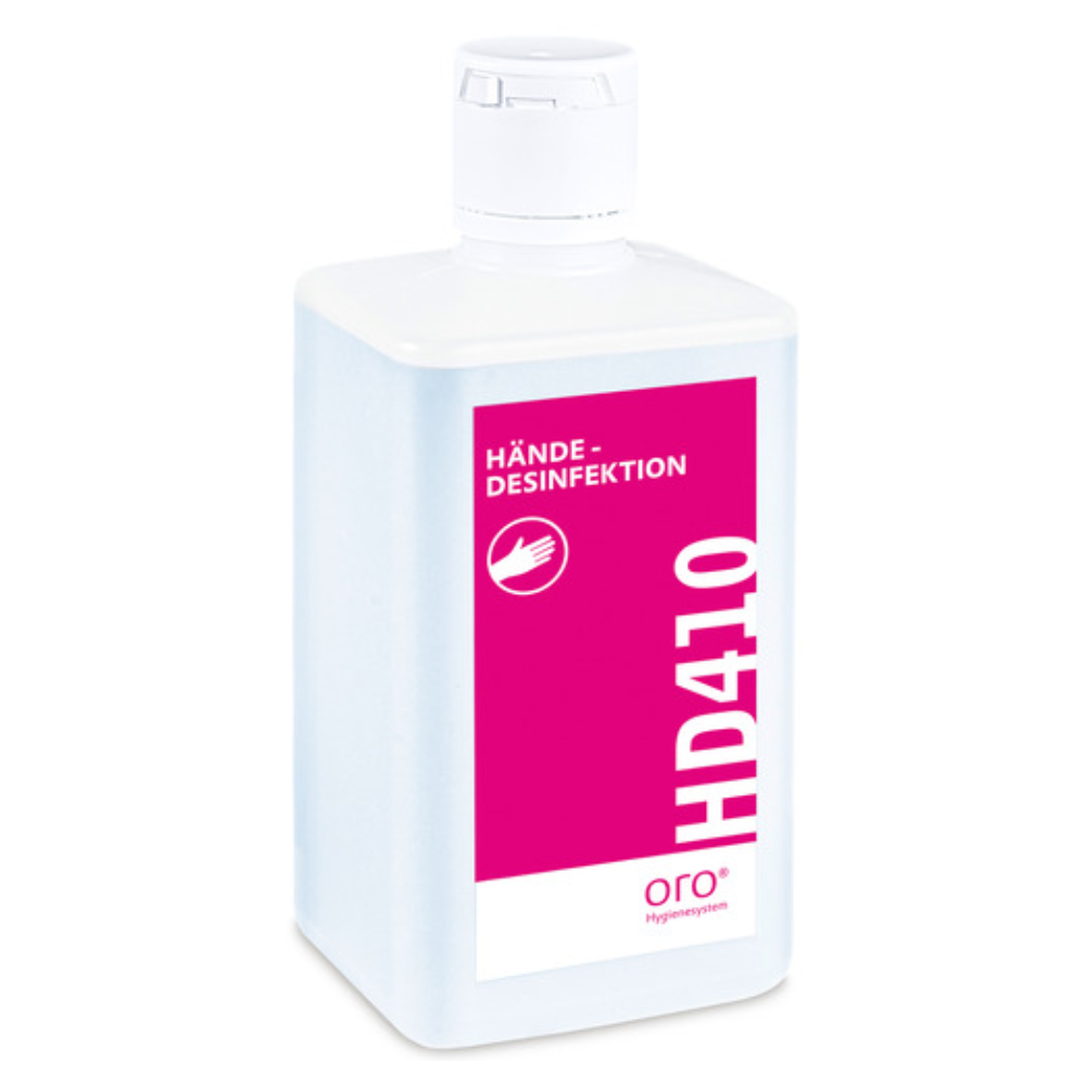 Eine weiße Kunststoffflasche mit weißer Kappe und rosafarbenem Etikett trägt die Aufschrift "Orochemie HD 410 Händedesinfektion" der orochemie GmbH + Co KG und ist mit einem Handsymbol für die hygienische Händedesinfektion versehen.