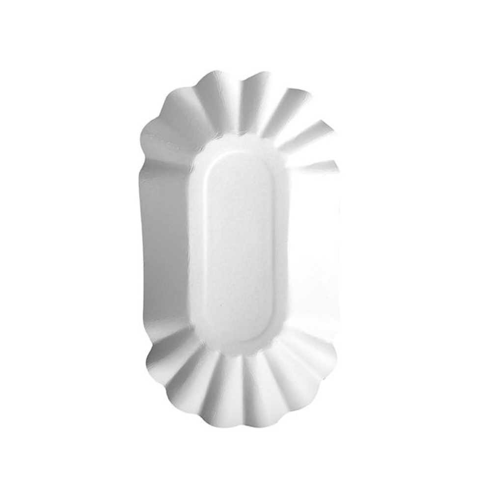 Die PAPSTAR 250 Schalen, Pappe "pure" oval weiß der PAPSTAR GmbH ist eine weiße, ovale Einweg-Papierschale aus Frischfaserkarton, die von oben auf einfarbig weißem Hintergrund dargestellt wird.
