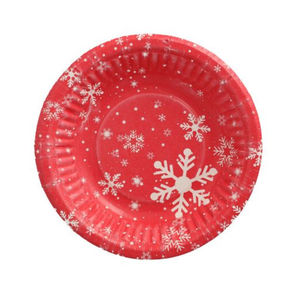 Der Pappteller „Winter Time“ der PAPSTAR GmbH mit einem Durchmesser von 19 cm und einer Höhe von 3 cm zeigt rote Motive, die mit verschieden großen weißen Schneeflocken verziert sind – eine perfekte Wahl für winterliche Feiern. Die leicht gerüschten Ränder verleihen eine strukturierte Optik und sind gleichzeitig als FSC-zertifiziertes Produkt nachhaltig. Erhältlich in Packungen zu 50 Stück.