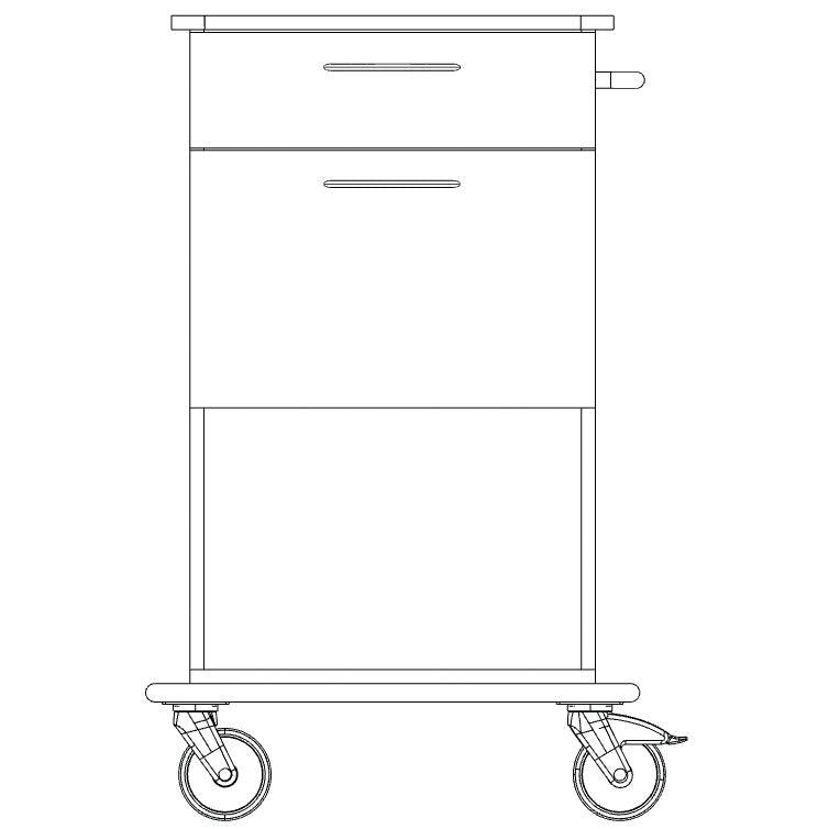 Strichzeichnung eines Novocal Pflege- und Arbeitswagen Fahrgestells von Novocal, mit zwei Griffen, zwei sichtbaren Schubladen und vier Lenkrollen. Das Fahrgestell aus Vollkunststoffplatte ist von vorne mit minimalistischen Details dargestellt.
