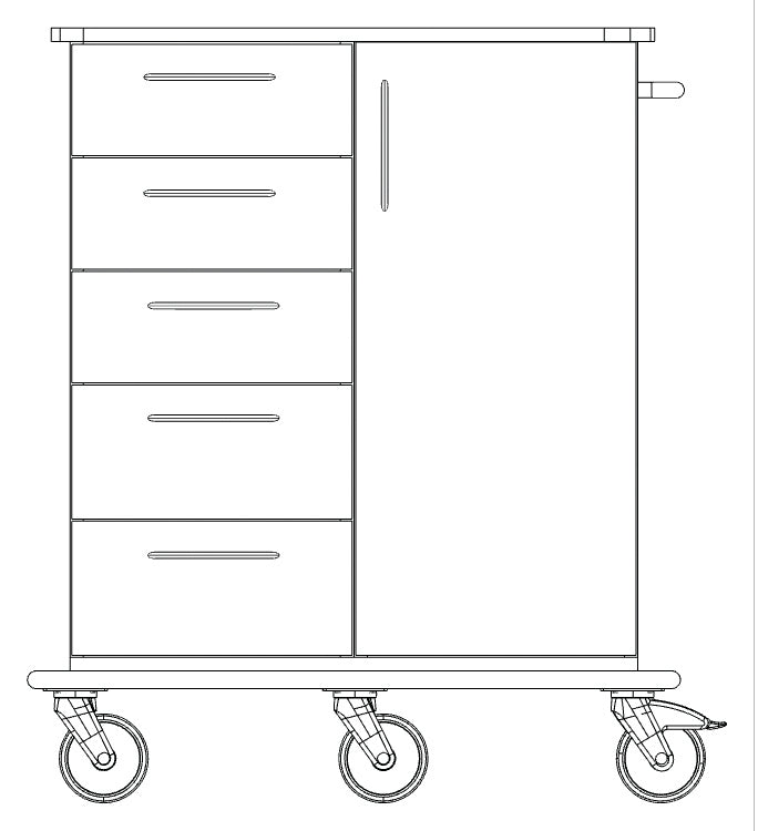 Strichzeichnung eines Novocal Pflege- und Arbeitswagens: Vollkunststoff-Fahrgestell mit vier linken Auszügen, einem rechten Hochschrank mit senkrechtem Griff, alles auf vier Lenkrollen. Marke: Novocal. Packung (1 Stück).