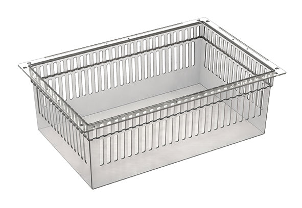 Das Novocal PC-Modul transparent teilbar (600 x 400 x 200 mm) ist ein leerer, klarer Kunststoff-Aufbewahrungsbehälter mit vertikalen Schlitzen und flachem Rand, ideal für die Aufbewahrung von PC-Komponenten. Abgebildet auf weißem Hintergrund. Inklusive Auszugsstopps. Verpackung: 1 Stück.