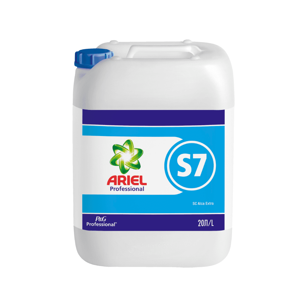 Ein weißer Behälter mit blauem Deckel trägt die Aufschrift „P&G Professional Ariel S7 SC Alca Extra Waschmittel - 20 Liter“ und ist als „20L“ gekennzeichnet. Er ist mit einem Logo und einem Zusatztext versehen. Dieses Produkt der DR.SCHNELL GmbH & Co. KGaA steht für höchste Qualität in der professionellen Wäschepflege.