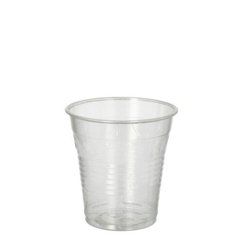 Dieser PAPSTAR „pure“ Kaltgetränkebecher aus klarem PLA-Kunststoff mit geriffeltem Design stellt eine umweltfreundliche Alternative dar. Der 0,15 Liter Becher erscheint leer und steht auf einem weißen Hintergrund.