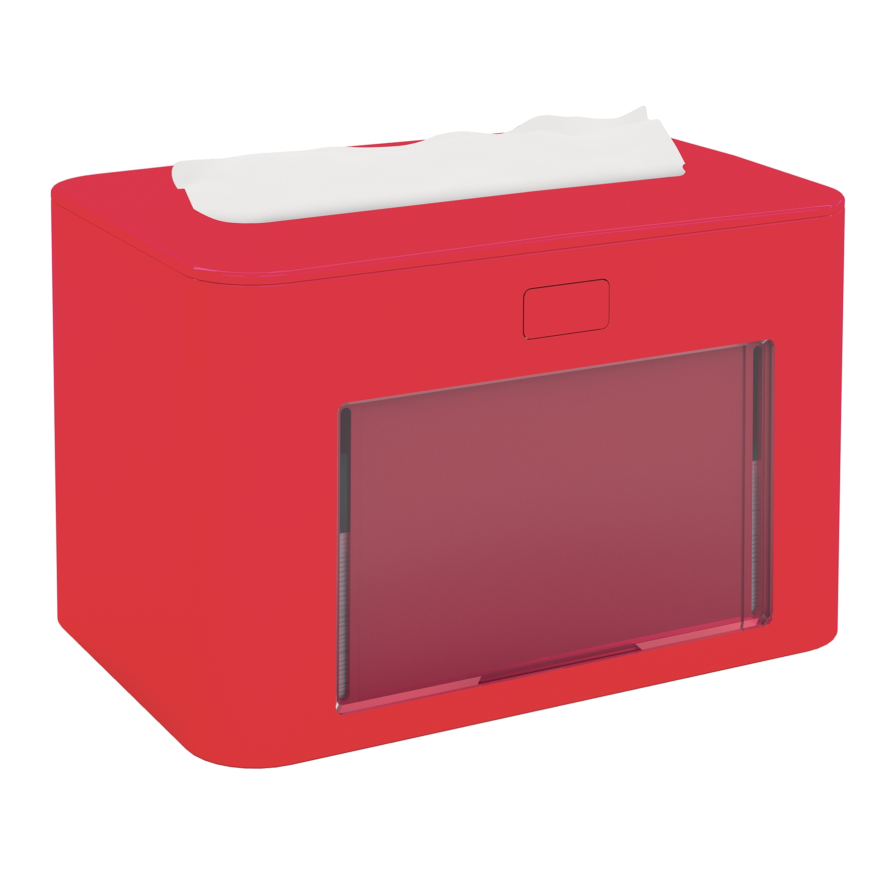 Der Papernet Antibakterieller Spender für V-Falz Servietten Superior mit Ready Table Technologie von Sofidel Germany GmbH ist ein roter, rechteckiger Taschentuchspender mit transparenter Frontplatte. Er zeichnet sich durch ein elegantes, modernes Design aus, das perfekt in jede Umgebung passt. Ein weißes Taschentuch wird teilweise aus der Oberseite herausgezogen und zeigt seine praktische und antibakterielle Wirkung.