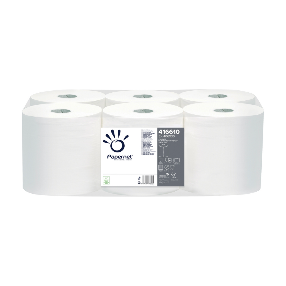 Eine Packung mit sechs saugstarken Papernet Centrefeed Handtuchrollen, verpackt in transparentem Kunststoff. Auf dem Etikett sind die Marke „Sofidel Germany GmbH“ und der Produktcode 416610 aufgeführt, ideal zum hygienischen Händetrocknen.