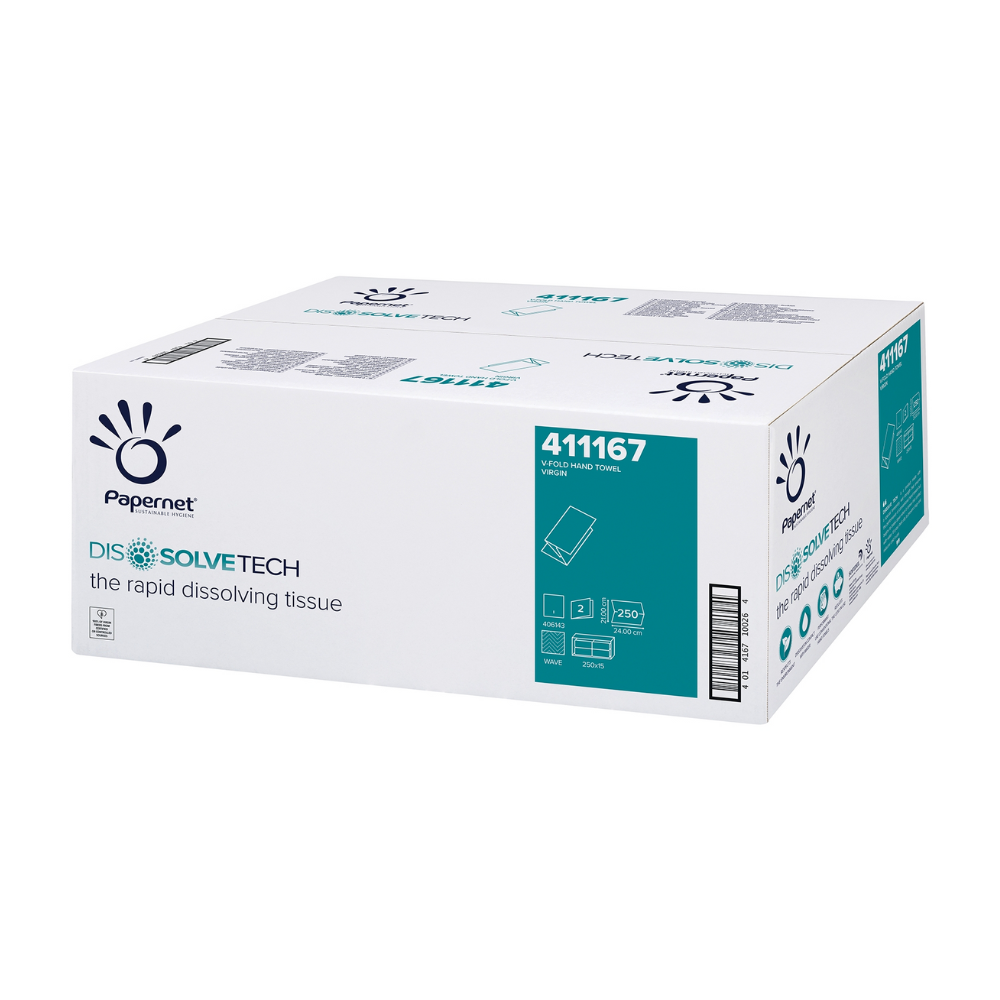Ausgestellt ist eine große rechteckige Schachtel mit Papernet Falthandtüchern 411167 der Sofidel Germany GmbH. Die überwiegend weiße Schachtel mit blaugrünen Akzenten zeigt das Logo und Produktdetails und weist darauf hin, dass sie Zellstoff V-Falz, 2-lagige Falthandtücher (15 Packungen), enthält.