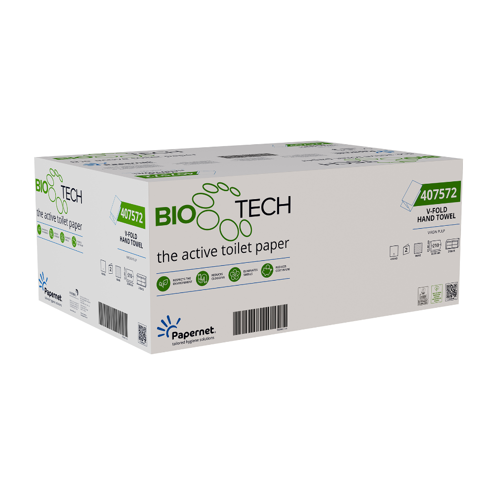 Eine weiße Kartonschachtel mit Papernet Falthandtüchern mit Bio Tech Technologie 407572 von Sofidel Germany GmbH zeigt grün-schwarzen Text, Markenlogos und einen Barcode. Auf der Vorderseite ist prominent „Das aktive Toilettenpapier“ als Revolution im Bereich Hygienelösungen abgebildet.