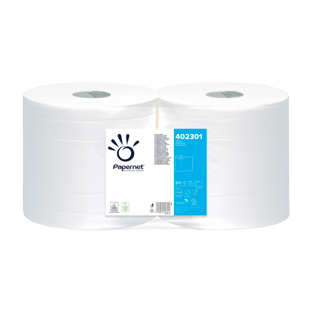 Zwei Großrollen Papernet Industriepapier, Produktnummer 402301, sind zusammen verpackt. Ein Etikett trägt die Marke „Sofidel Germany GmbH“ und enthält Symbole, die auf Recycling-Informationen hinweisen. Diese saugstarken, zweilagigen Papiertücher sind ideal für alle Reinigungsarbeiten.