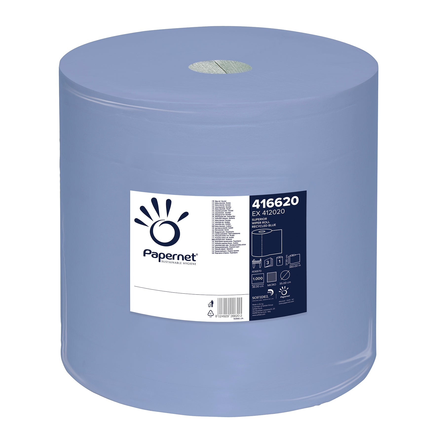 Auf dem Etikett ist eine große blaue Industrie-Papierhandtuchrolle mit dem Logo der Sofidel Germany GmbH und der Produktnummer 416620 gut sichtbar abgebildet. Das Etikett enthält Gebrauchsanweisungen für dieses Papernet Industriepapier / Blaurolle, eine 3-lagige Variante, und Recyclingsymbole.