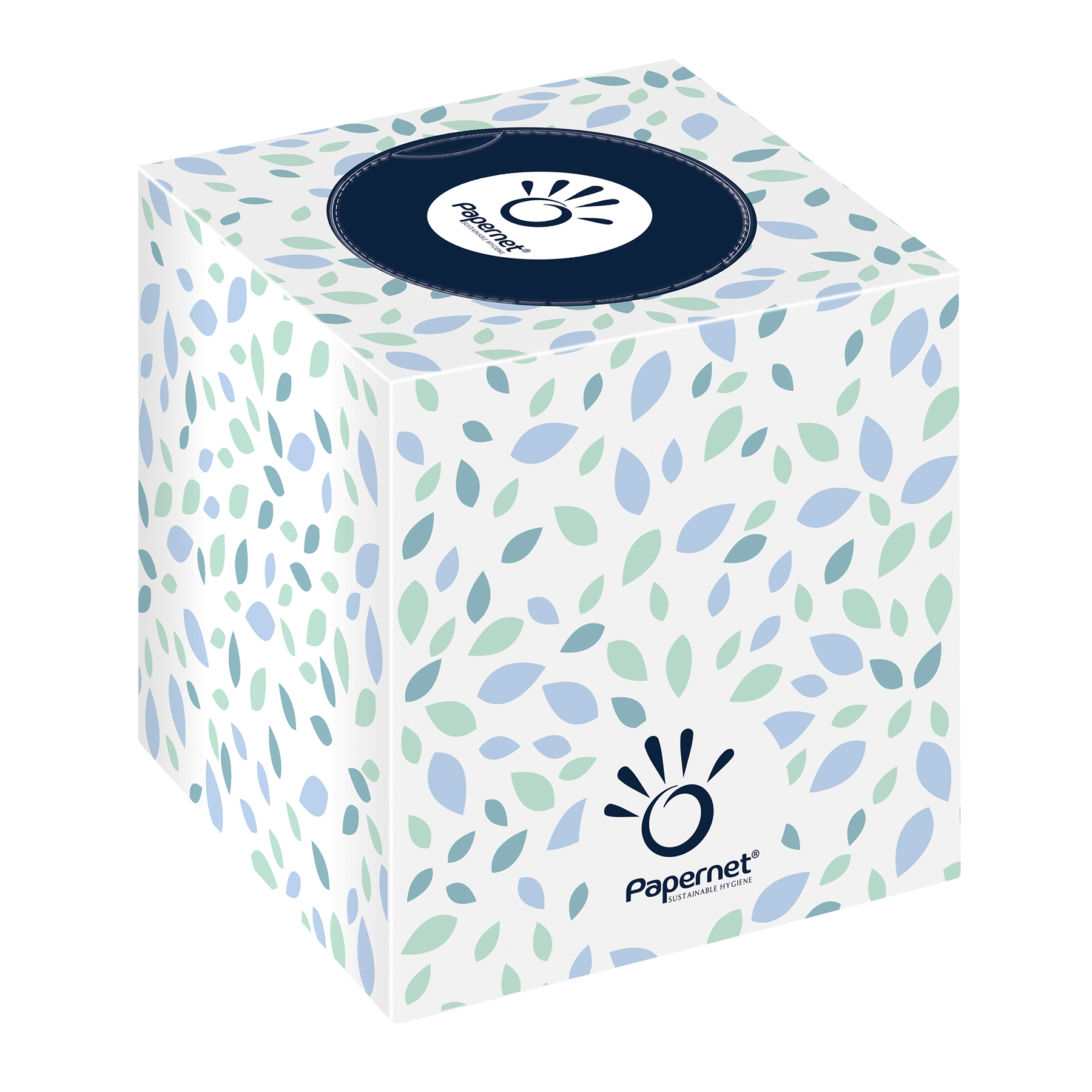 Ein Papernet CUBE von Sofidel Germany GmbH ist ein weißer Würfel mit blauen und grünen Blattmustern und Logo, der dank seiner weichen 2-lagigen Tücherzusammensetzung ideal für empfindliche Haut ist. Die Box enthält 16 Würfel mit jeweils 88 Tüchern höchster Qualität.