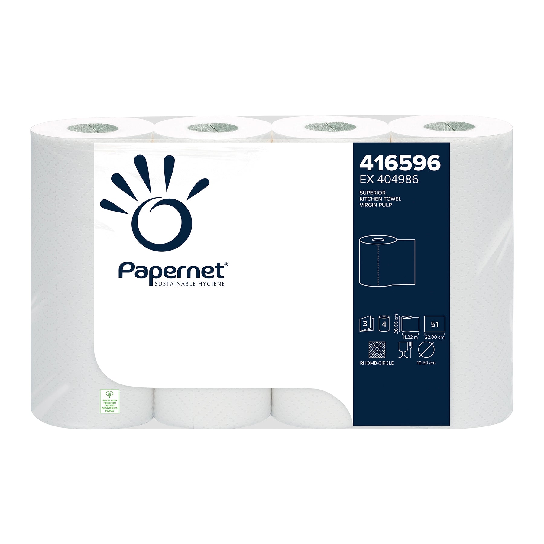 Eine Verpackung Papernet Küchenrolle von Sofidel Germany GmbH präsentiert ihr „Sustainable Hygiene“-Design. Die Verpackung enthält sechs Rollen 3-lagige Küchenrolle, jede für das Händetrocknen geeignet und aus hochwertigem Zellstoff hergestellt. Sie ist mit dem Produktcode „416596 EX 404986“ gekennzeichnet und weist ein Symbol auf, das 51 Meter pro Rolle anzeigt.