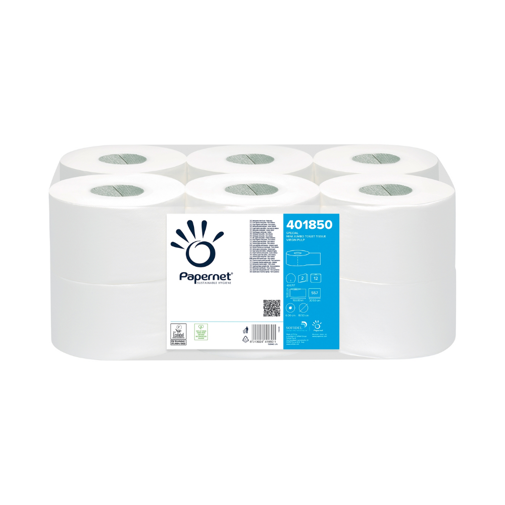 Eine Packung mit zwölf Papernet Mini Jumborollen Toilettenpapierrollen, beschriftet mit dem Markennamen „Sofidel Germany GmbH“ und Produktinformationen auf blauem Hintergrund, ist in transparentem Kunststoff verpackt. Das Etikett hebt das Zellstoffmaterial für zusätzliche Weichheit und Haltbarkeit hervor.