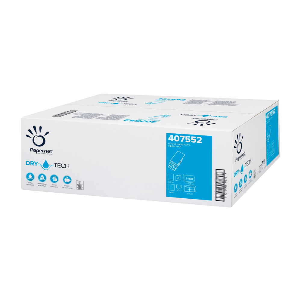 Die Papernet Papierhandtücher 407552 der Sofidel Germany GmbH mit „Dry Tech“ und Öko-Symbolen unterstreichen die Nachhaltigkeit von Händetrocknungslösungen. Die mit dem EU-Umweltzeichen zertifizierte weiße Box mit blauen und schwarzen Symbolen enthält 2000 2-lagige W-Falz-Blätter in 20 Packungen.