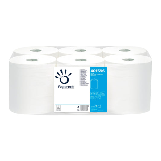 Die Verpackung der Sofidel Germany GmbH umfasst sechs weiße Papierhandtuchrollen mit einem blauen Etikett mit der Aufschrift „Papernet Rollenhandtuch Special 401596“. Das Etikett enthält Abbildungen und Produktdetails und betont das Rollenhandtuch-Design und die Zellstoff-Qualität für hervorragende Saugfähigkeit.