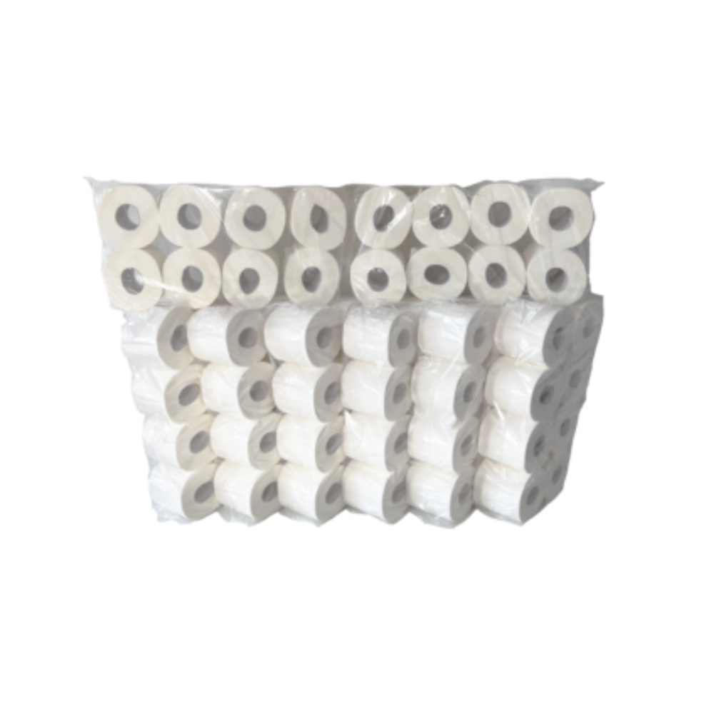 Ein Großpaket mit mehreren Rollen Papernet Toilettenpapier 416640, angeordnet in drei Lagen. Die 3-lagigen Rollen, hergestellt von Sofidel Germany GmbH aus recyceltem Papier, sind in einer durchsichtigen Kunststoffverpackung verpackt.