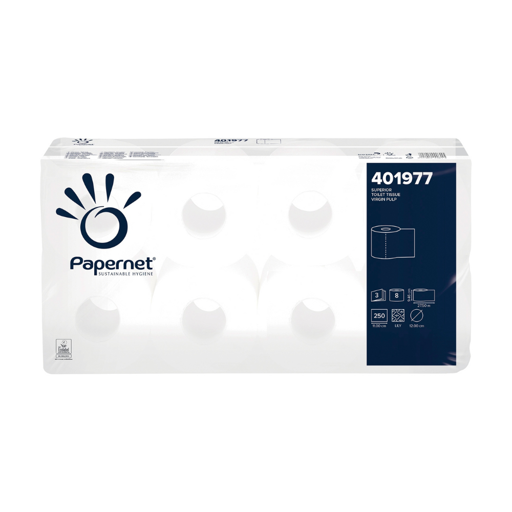 Eine Packung Papernet Toilettenpapier 401977 von Sofidel Germany GmbH enthält vier 3-lagige Rollen. Auf der Verpackung ist die Produktnummer „401977“ und eine Abbildung einer Toilettenpapierrolle zu sehen. Das Etikett betont „Nachhaltige Hygiene“ und weist darauf hin, dass jede Zellstoff-Rolle aus 250 Blatt besteht.