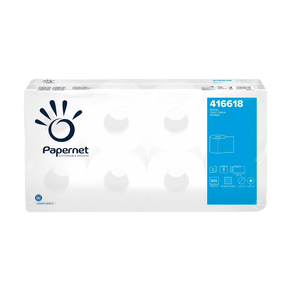 Ausgestellt ist eine Packung Papernet Toilettenpapier der Sofidel Germany GmbH, die acht 2-lagige Rollen enthält. Die überwiegend weiße Verpackung weist einen blauen Akzent auf, sowie das Papernet-Logo und die Produktnummer 416618.