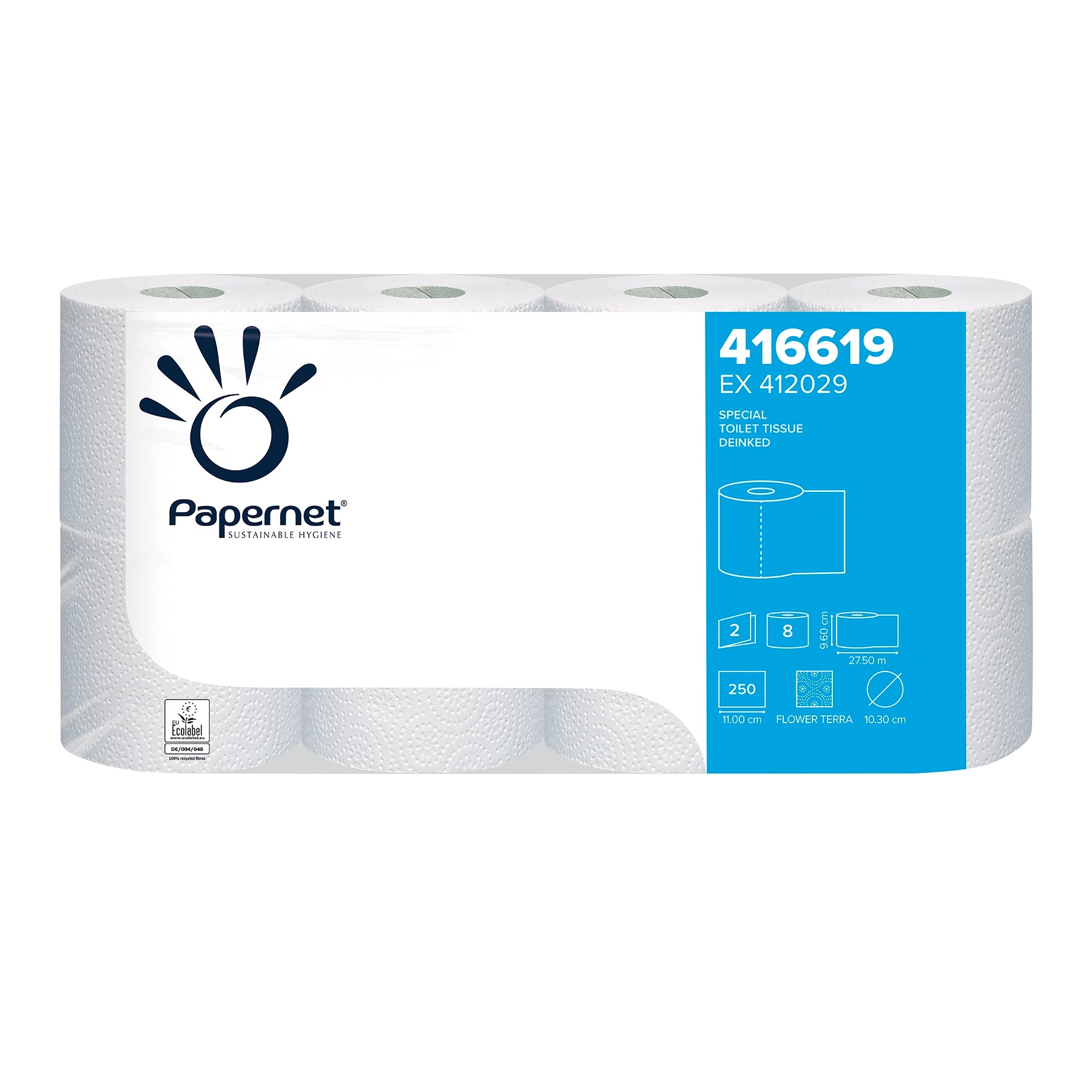 Eine Packung Papernet Toilettenpapier 416619 von Sofidel Germany GmbH, die acht Rollen 2-lagig Zellstoff enthält. Die Verpackung zeigt Produktinformationen, darunter einen blauen Abschnitt mit Zahlen, ein EcoLabel-Zertifizierungssiegel und Bilder, die Merkmale wie die Anzahl der Blätter und Abmessungen hervorheben.