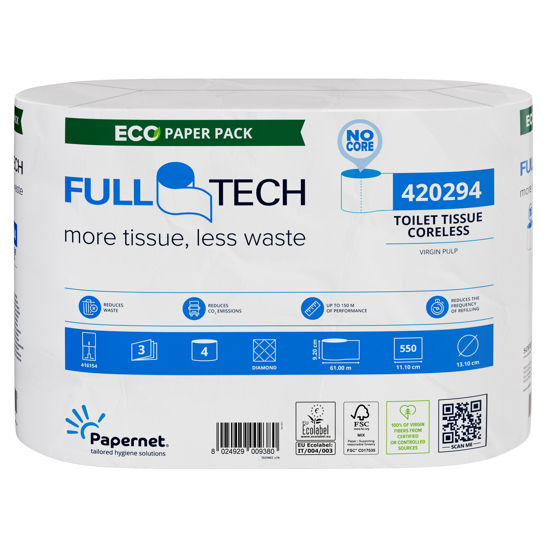 Die Verpackung des Papernet Toilettenpapiers 420294 mit Full Tech Technologie von Sofidel Germany GmbH hebt seine umweltfreundlichen Eigenschaften hervor, wie z. B. dass es 3-lagig ist und aus Frischzellstoff hergestellt wird. Sie enthält einen QR-Code, Produktdetails und Symbole, die auf Umweltvorteile und Gebrauchsanweisungen hinweisen und die Innovation der Full Tech Technologie verkörpern.