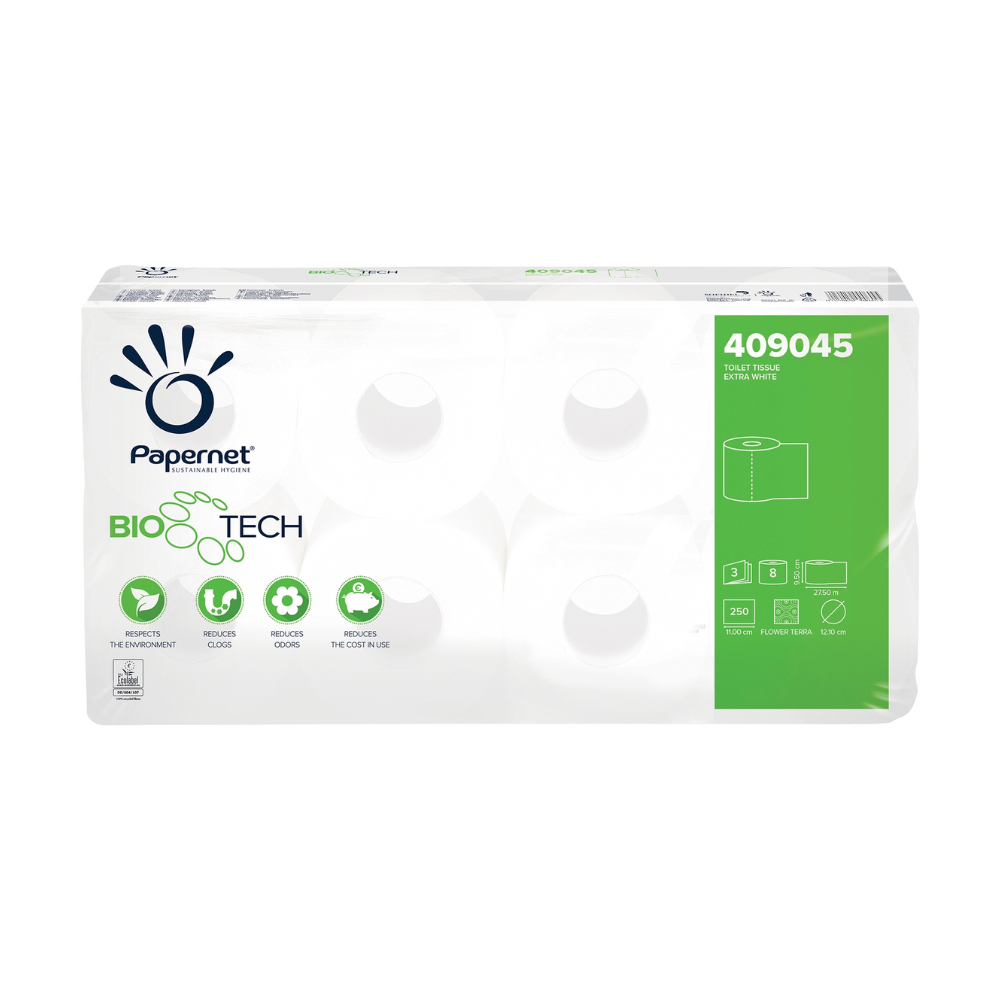 Wir präsentieren das Papernet Toilettenpapier mit Bio Tech Technologie der Sofidel Germany GmbH, Produktcode 409045. Dieses verbesserte Toilettenpapier mit Biologic-Active-Tissue-Paper-Technologie wird in biologisch abbaubaren Rollen geliefert. Die überwiegend weiße Verpackung ist mit grünen Akzenten versehen, um die umweltfreundlichen Eigenschaften hervorzuheben, und der Produktcode ist in der oberen rechten Ecke gut sichtbar angebracht.