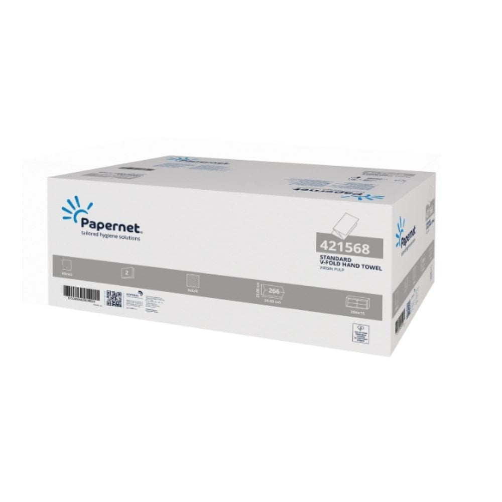 Das Bild zeigt eine große, weiße, rechteckige Schachtel mit Papernet Papierhandtüchern 421568 der Sofidel Germany GmbH mit Markenlogo und Produktdetails. Die Schachtel enthält 3990 Tücher in 2-lagiger V-Falz-Form, verteilt auf 15 Packungen, und unterstreicht so effiziente Hygienelösungen.
