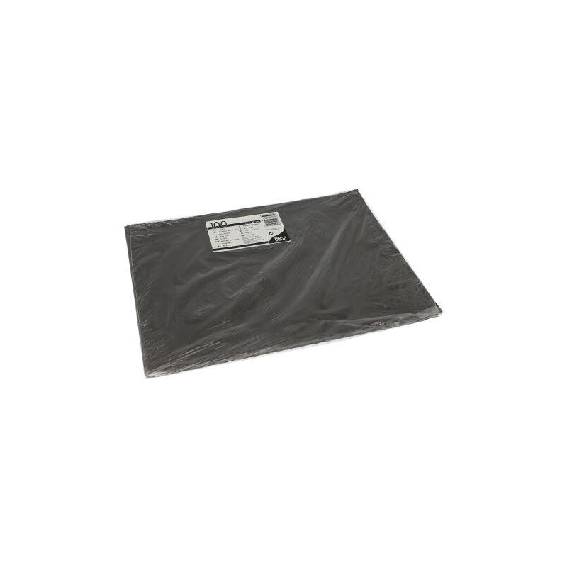 Ein rechteckiges schwarzes PAPSTAR 100 Tischsets, Papier 30 x 40 cm von PAPSTAR GmbH ist in klarem Kunststoff mit einem weißen und schwarzen Etikett versiegelt. Die umweltfreundliche Verpackung ist vor einem schlichten weißen Hintergrund abgebildet.