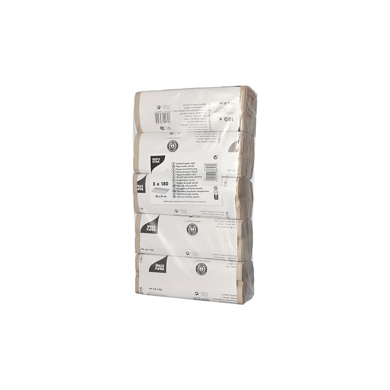 Ein Paket PAPSTAR Handtuchpapier C-Falz 31 cm x 25 cm natur, einlagig, besteht aus fünf vertikal gestapelten Rollen. Die transparente Verpackung ist mit weißen Etiketten versehen, auf denen Produktdetails in schwarzer Schrift stehen und die Recyclingfähigkeit und die Blauer Engel-Zertifizierung hervorgehoben werden.