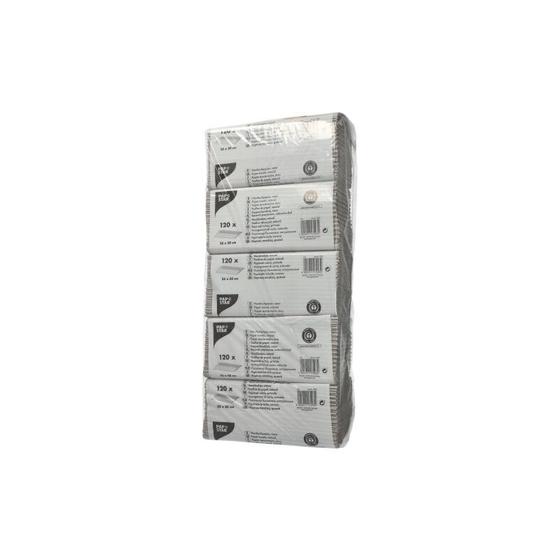 Ein in Schrumpffolie verpacktes Paket mit PAPSTAR Handtuchpapier C-Falz, Blattgröße 50 cm x 25 cm, in Naturfarbe, einlagig, insgesamt 120 Blatt pro Paket. Die Verpackung ist überwiegend weiß und mit schwarzem und rotem Text versehen, der Produktdetails und Markenzeichen der PAPSTAR GmbH enthält.