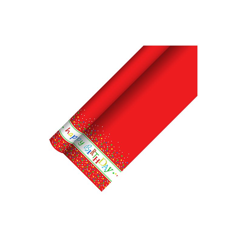 Eine Rolle rote Papiertischdecke mit bunten Punkten am Rand und einem „Happy Birthday“-Banner am unteren Rand, perfekt, um eine festliche Note zu verleihen und gleichzeitig Schutz vor Staub zu bieten, von der PAPSTAR GmbH.