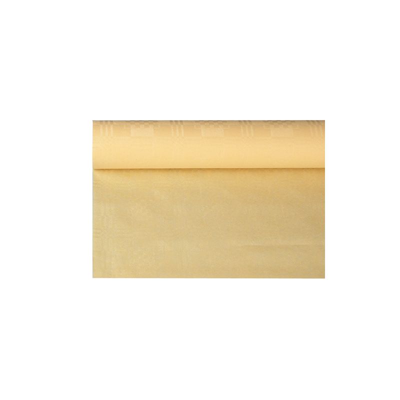 Eine Rolle hellgelber Papiertischdecke von PAPSTAR GmbH mit dezentem Damastmuster, ideal für festliche Anlässe. Teilweise ausgerollt zeigt sie ihre glatte und gleichmäßige Oberfläche, die jedem Ambiente Eleganz verleiht. Mit den Maßen 6 m x 1,2 m wertet diese Tischdecke die Atmosphäre Ihrer Feier auf.