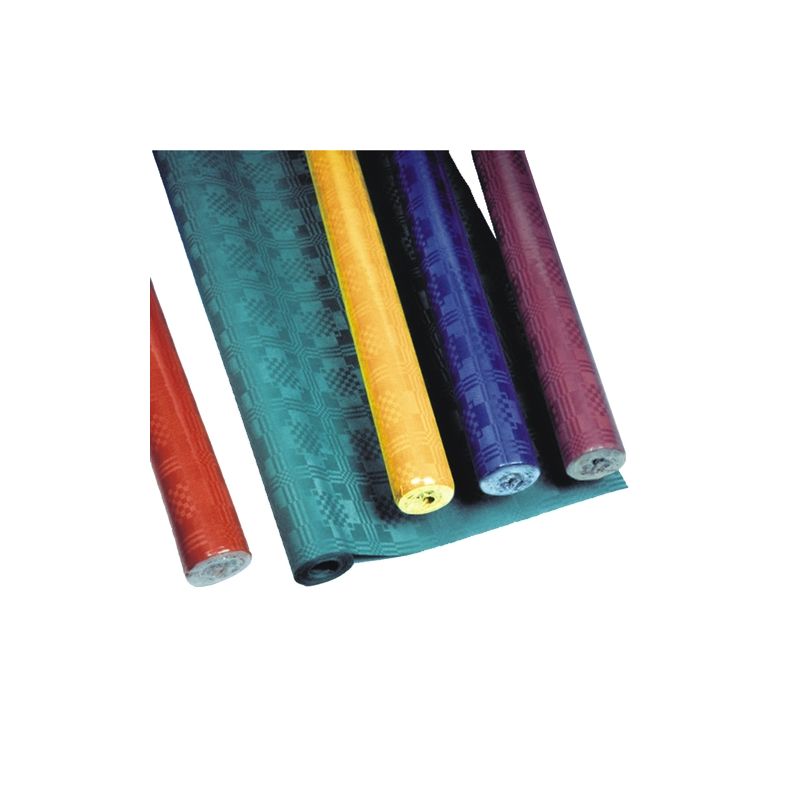 Fünf Rollen PAPSTAR Papiertischtuch mit Damastprägung von der PAPSTAR GmbH werden in verschiedenen Farben angeboten: Rot, Blaugrün, Gelb, Lila und Blau. Diese Tischdecken haben eine strukturierte Oberfläche mit einem geometrischen Muster, das an Damastprägung erinnert und eine elegante Note für jede Tischdekoration verleiht.