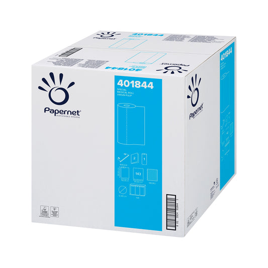 Eine Schachtel Papernet Liegenabdeckung Ärzterolle 401844 mit einem blau-weißen Design, das der Zellstoff-Verpackung ähnelt. Die Verpackung zeigt Bilder des Inhalts und Details wie den Produktcode 401844.