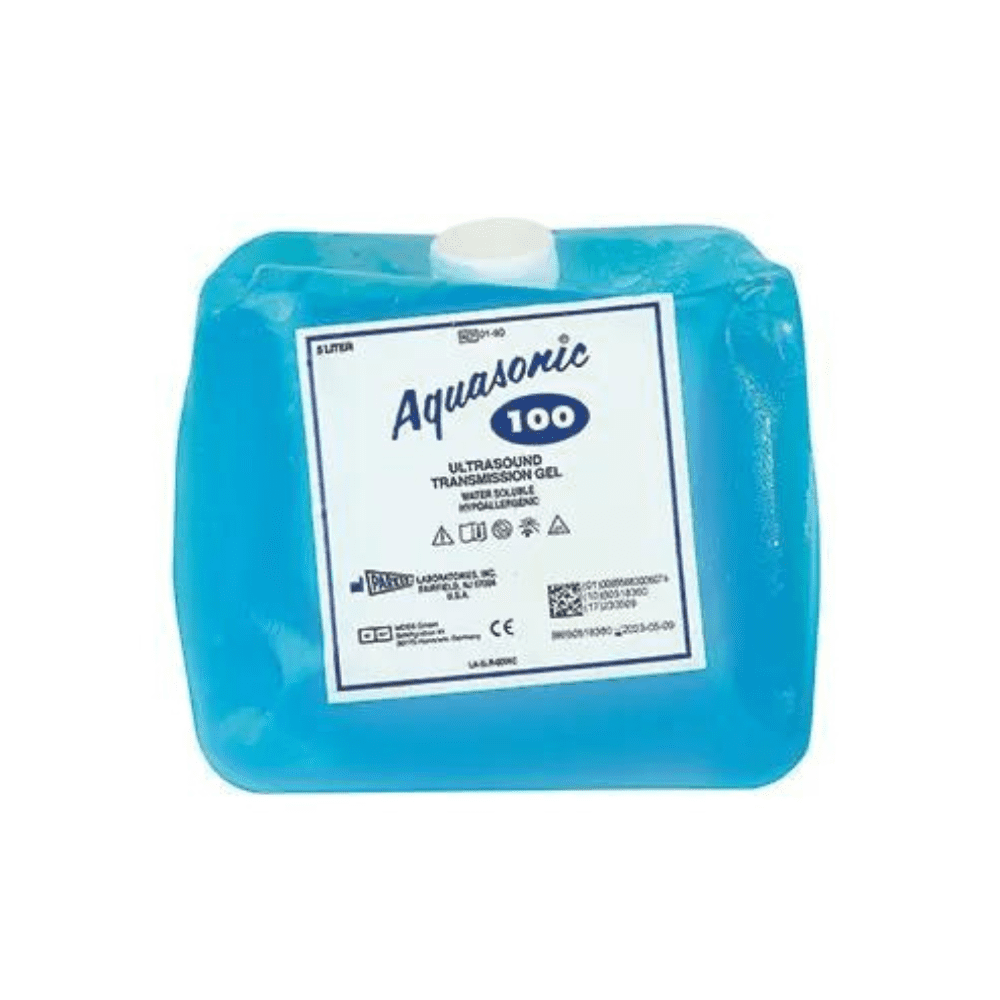 Ein großer blauer Behälter mit der Aufschrift „Parker Aquasonic 100“ von Servoprax GmbH enthält hypoallergenes Ultraschallgel, das für eine reibungslose Ultraschallübertragung entwickelt wurde. Dieses wasserlösliche Gel sorgt für eine einfache Reinigung und der Behälter zeigt deutlich sichtbar Mess- und Sicherheitssymbole.