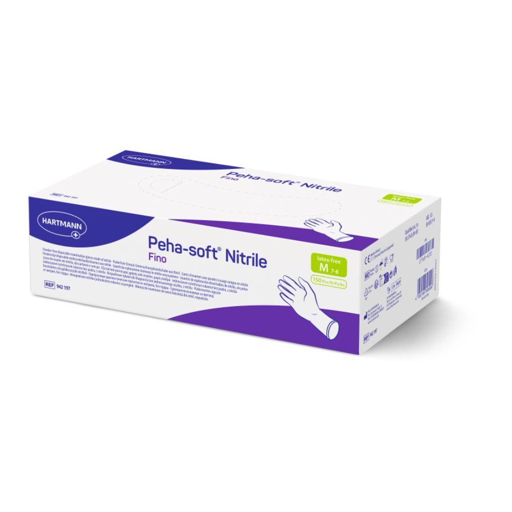 Die Peha-soft® Nitril-Fino-Handschuhe der Paul Hartmann AG, abgebildet in mittlerer Größe mit weiß-violetter Verpackung und Handschuhabbildung, bieten zuverlässigen Schutz, da sie sowohl latex- als auch puderfrei sind.