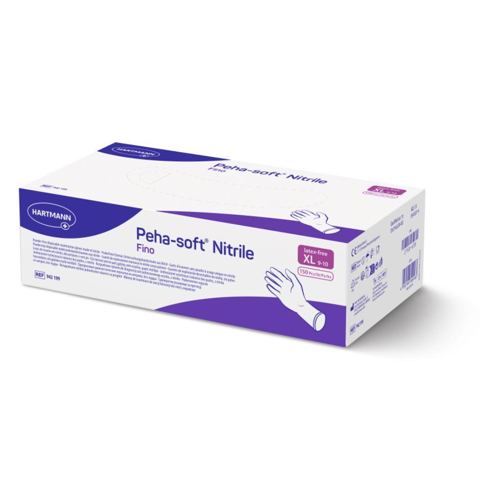 Eine Schachtel Peha-soft® Nitril fino Einweghandschuhe, Größe XL, enthält 150 puder- und latexfreie Handschuhe. Die weiße Schachtel mit violetten Akzenten trägt das Hartmann-Logo und ein Handsymbol. Produktdetails sind oben und an den Seiten von der Paul Hartmann AG aufgedruckt.