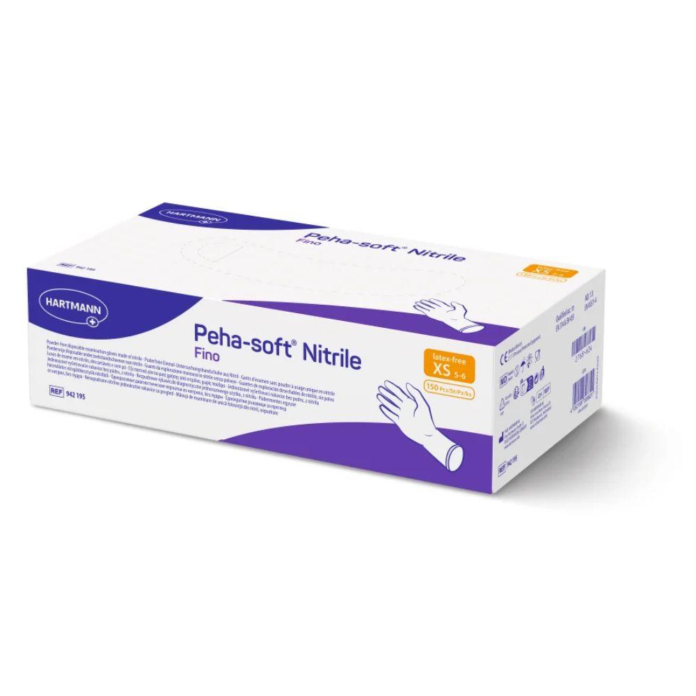 Schachtel mit Peha-soft® nitrile fino Einweghandschuhen der Paul Hartmann AG, latexfrei und puderfrei, mit weiß-violetter Verpackung in den Größen XS – S. Enthält eine Handabbildung mit Handschuh, Barcodes und Produktinformationen an den Seiten.