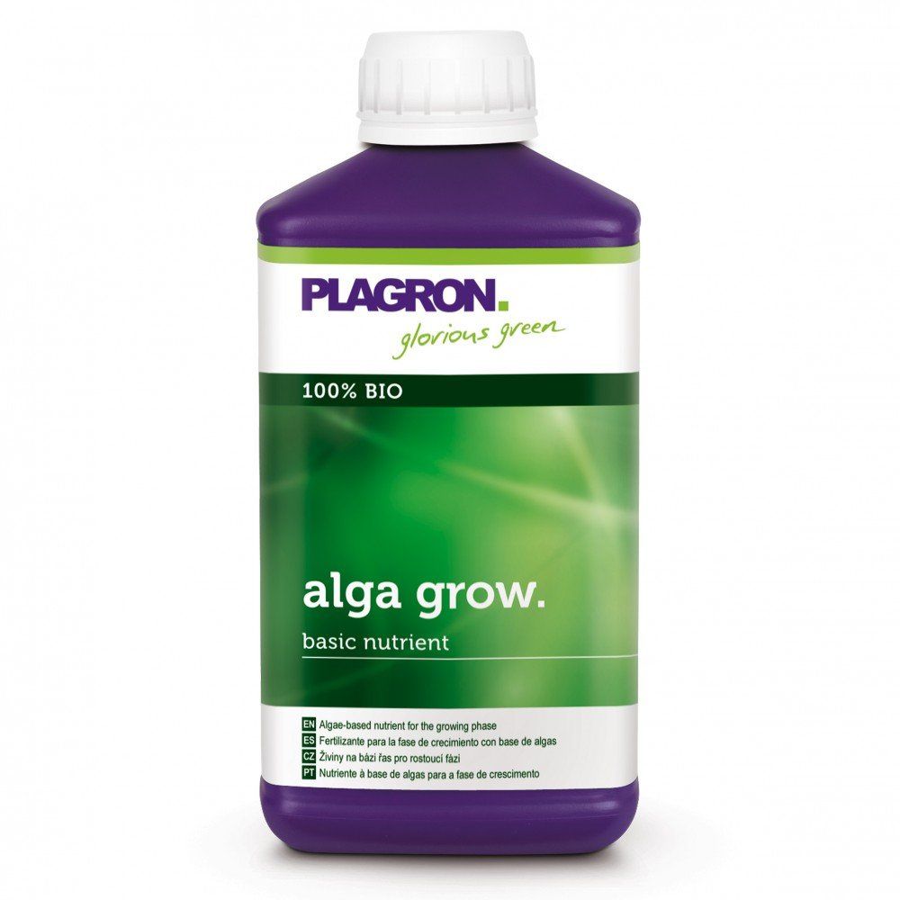 Eine Flasche Plagron Alga Grow Natürlicher Wachstumsdünger von Bertels B.V. ist ein 100 % biologischer Basisnährstoff für das Wachstum. Die Flasche ist violett und hat ein grün-weißes Etikett mit der Marke und Produktinformationen.