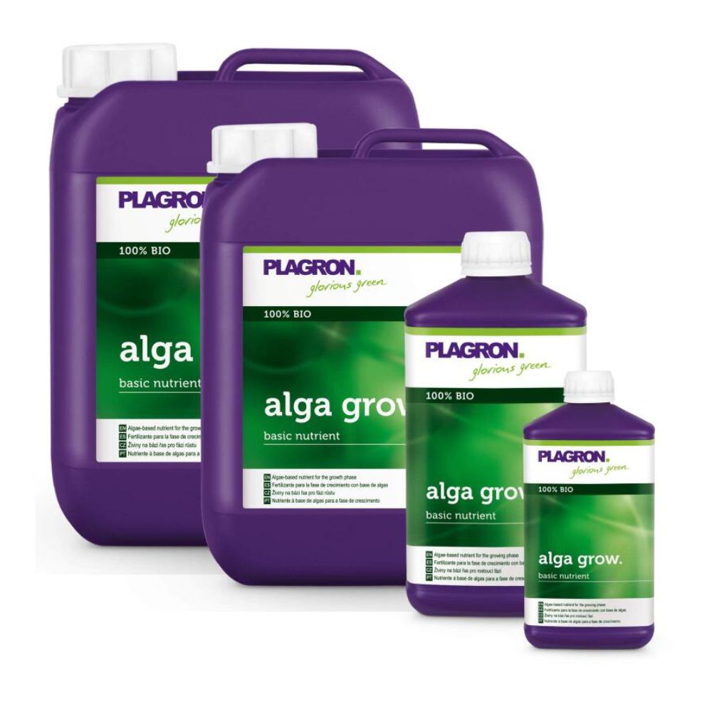 Vier Behälter mit Plagron Alga Grow Natürlicher Wachstumsdünger von Bertels B.V. umfassen zwei große violette Krüge und zwei kleinere Flaschen. Grüne und weiße Etiketten zeigen „100 % Bio“ und betonen seine Rolle als wichtiger Grundnährstoff für Ihren Garten.