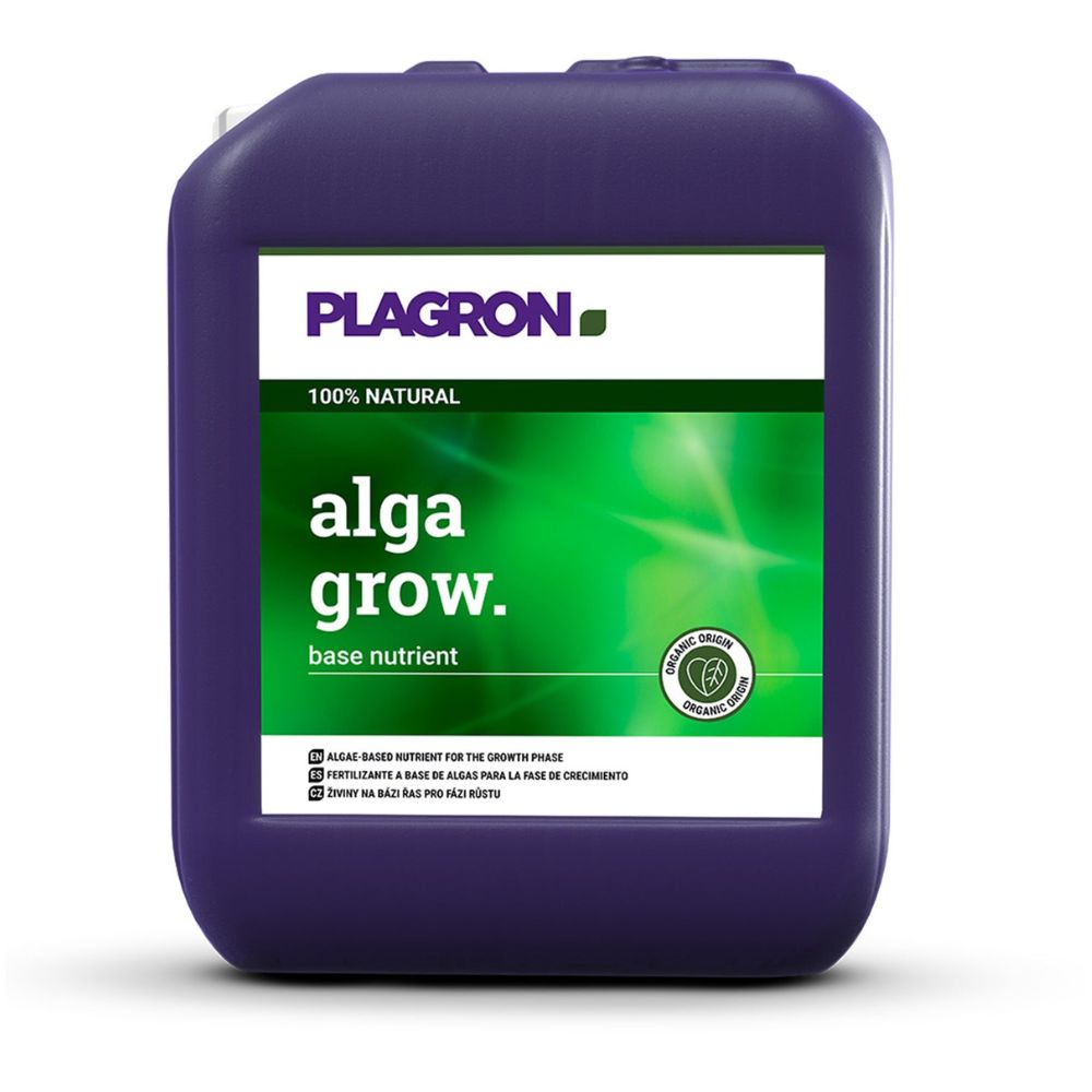 Ein großer violetter Krug mit der Aufschrift „Plagron Alga Grow Natürlicher Wachstumsdünger“ von Bertels B.V. hat einen grünen Hintergrund mit Text in Englisch und Spanisch. Dieser quadratische Behälter mit einem oberen Griff ist ein idealer natürlicher Wachstumsdünger für Ihren Garten.