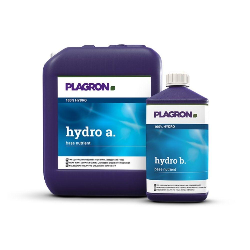 Abgebildet sind zwei Behälter mit Bertels B.V. Plagron Hydro A + B Zweikomponentendünger für die Blütephase: ein größerer „Hydro A.“ und ein kleinerer „Hydro B.“, beide mit blau-weißen Etiketten und Nährstoffaufnahme-Infos.