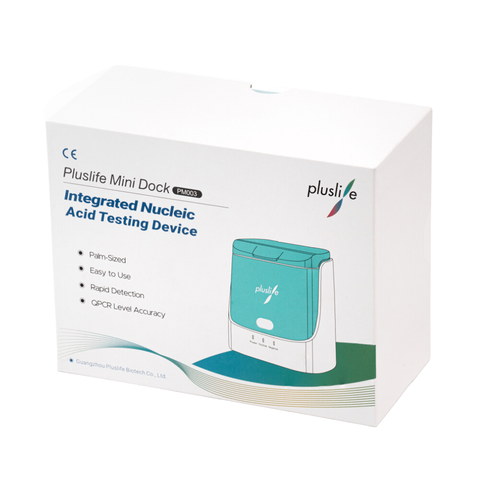 The image shows a white box for the Pluslife Integrated Nucleic Acid Testing Device (Vet Version). Its compact size, user-friendly design, and rapid detection with QPCR accuracy are highlighted, making it ideal for use in veterinary medicine and as a PCR testing device for pets.