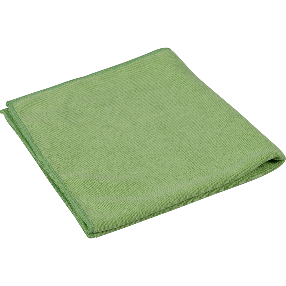 Ein gefaltetes grünes Mikrofasertuch ENA Soft, 40x40 cm der Abena Re-Seller GmbH für die Autopflege wird auf weißem Hintergrund dargestellt.