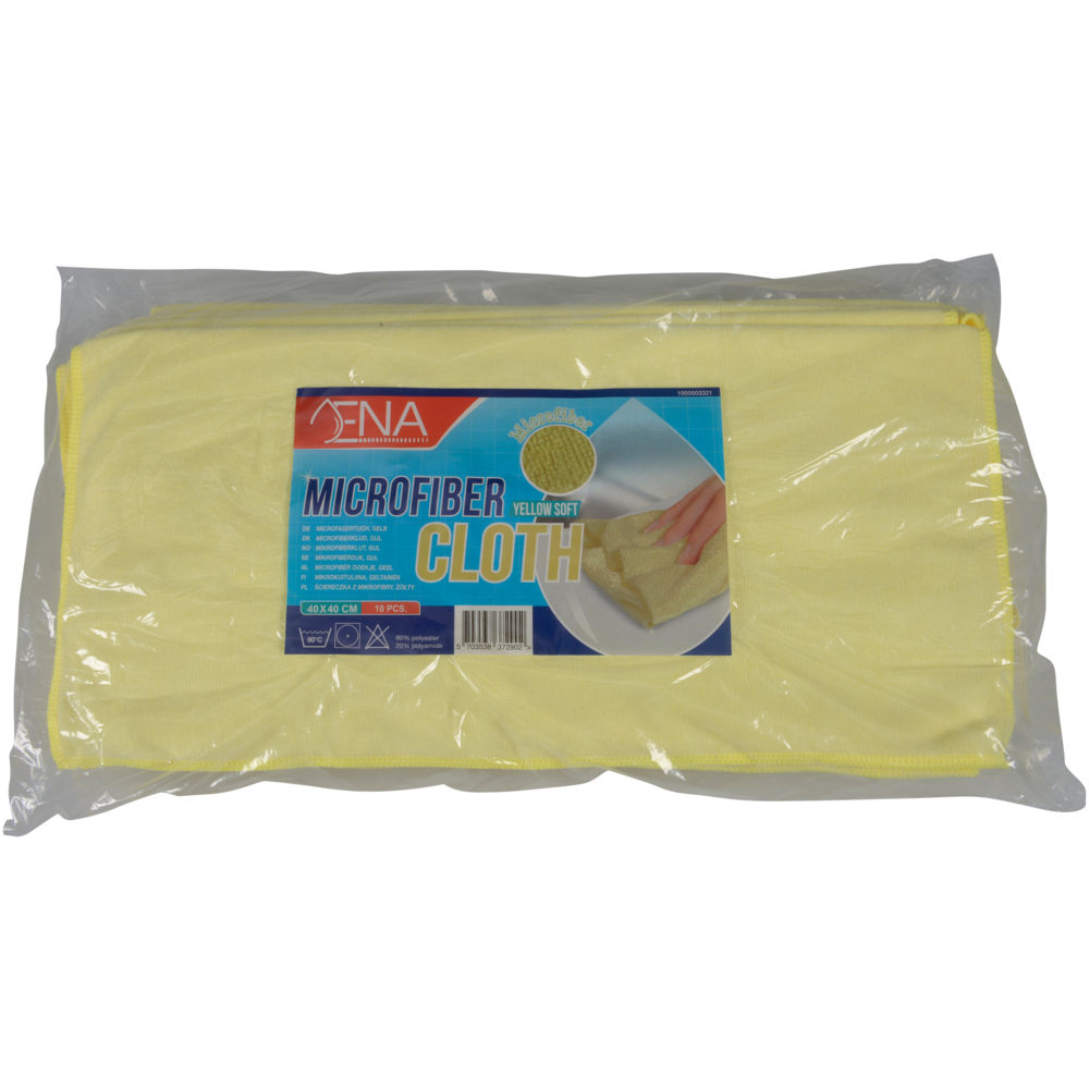 Das Abena Re-Seller GmbH Mikrofasertuch ENA Soft (40x40 cm) wird in einer Klarsichtverpackung mit Produktinformation und dem Bild einer Hand, die das gelbe Mikrofasertuch für die Autopflege benutzt, geliefert, so dass dieses Reinigungstuch sichtbar und zugänglich ist.