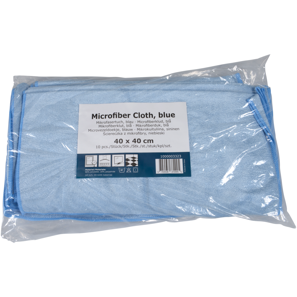 Eine durchsichtige Plastikverpackung enthält 10 blaue Abena Re-Seller GmbH Mikrofasertücher Shiny-Stretch Tücher, je 40x40 cm, mit einem mehrsprachigen Etikett.