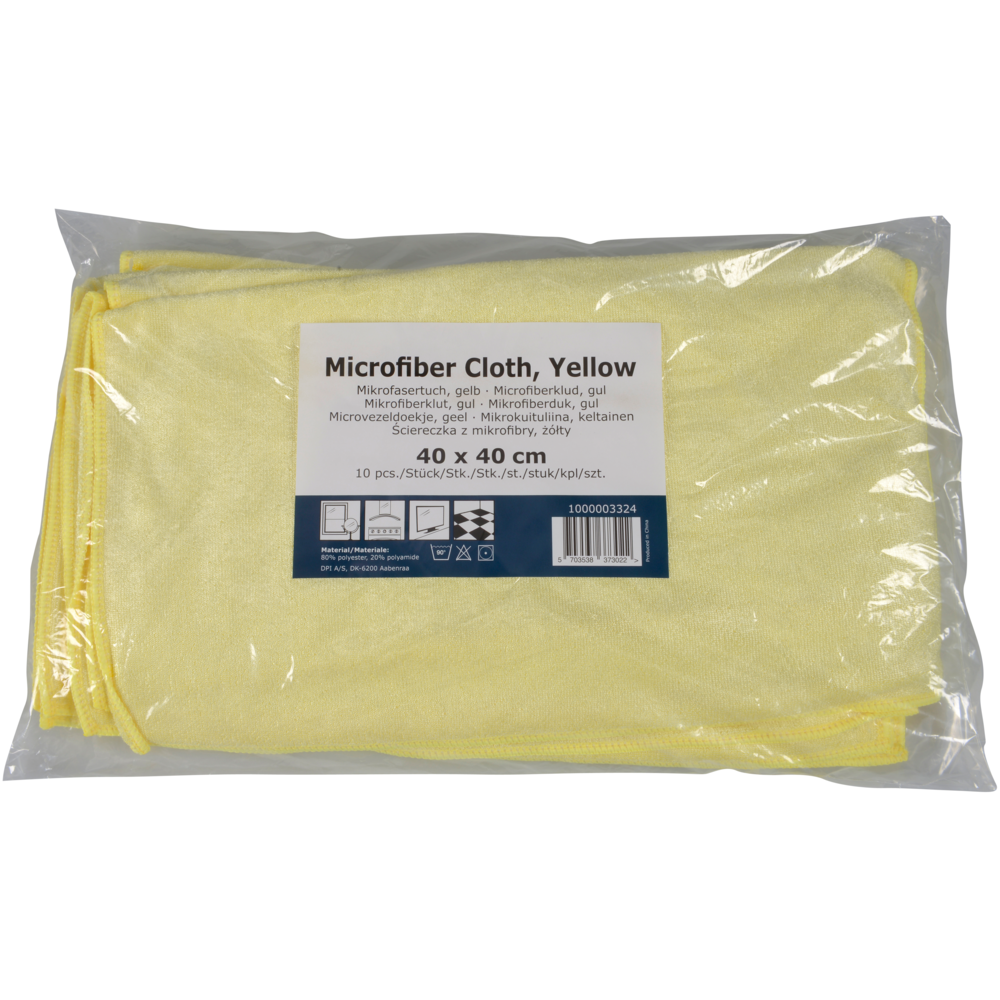 Eine Packung mit 10 Abena Re-Seller GmbH Mikrofasertüchern Shiny-Stretch, je 40x40 cm, wird mit einem übersichtlichen Etikett mit Produktdetails und mehrsprachigen Anwendungshinweisen geliefert.