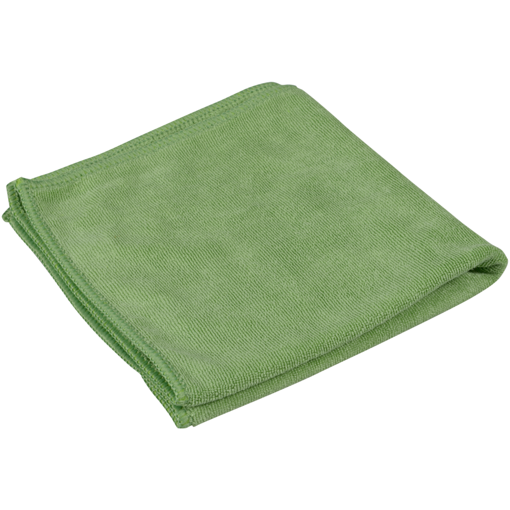 Ein gefaltetes grünes Mikrofasertuch ENA Platin (32x32 cm) von Abena Re-Seller GmbH wird vor einem schlichten weißen Hintergrund präsentiert.